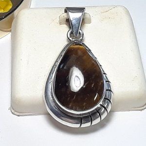 Estate 20X15mm Pear Cut Caboshon Tiger Eye Bezel Sterling Silver Pendant #17646